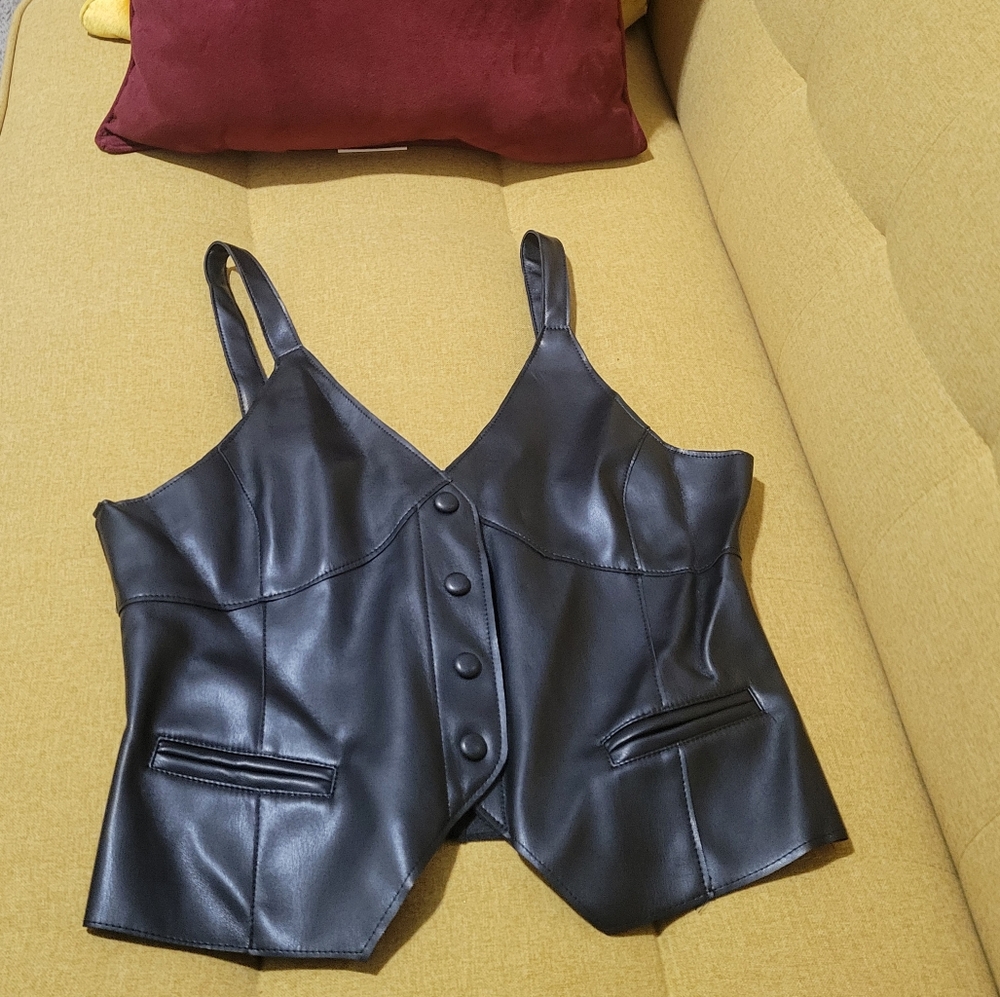 Black Faux Leather Crop Vest Top